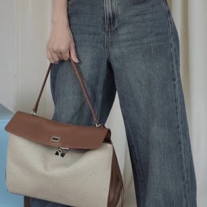 MNH Retro Leather Texture Canvas Large Tote Bag Handbag
