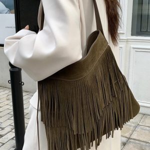 MBH Fringe Suede Trendy Large Capacity Shoulder Tote Bag