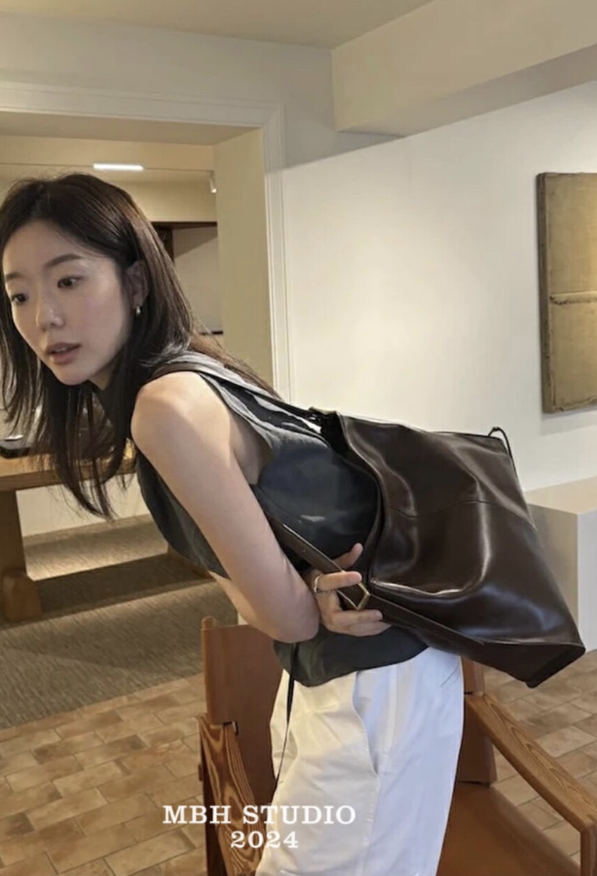 MBH Top Grain Leather Minimalist Large Capacity Tote Shoulder Bag with Strap - Image 2