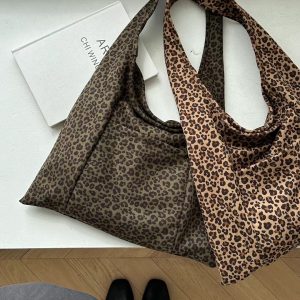 2024 Korean Style Leopard Print Canvas Tote Bag Large Capacity Casual Crossbody Shoulder Bag for Women