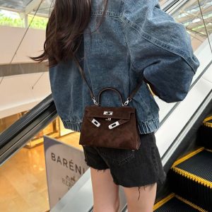 MBH Vintage Suede Second Generation Kelly Bag Mini Handbag Crossbody with Shoulder Strap