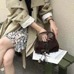 MBH Top-Grain Nubuck Leather Hobo Bag Retro Lunchbox Style Fall Winter Minimalist Handbag with Shoulder Strap