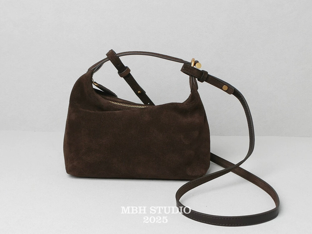 MBH Top-Grain Nubuck Leather Hobo Bag Retro Lunchbox Style Fall Winter Minimalist Handbag with Shoulder Strap - Image 3
