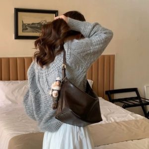 MBH Top-Grain Vegetable-Tanned Leather Hobo Bag Relaxed Large-Capacity Commuter Crossbody Shoulder Bag with Strap